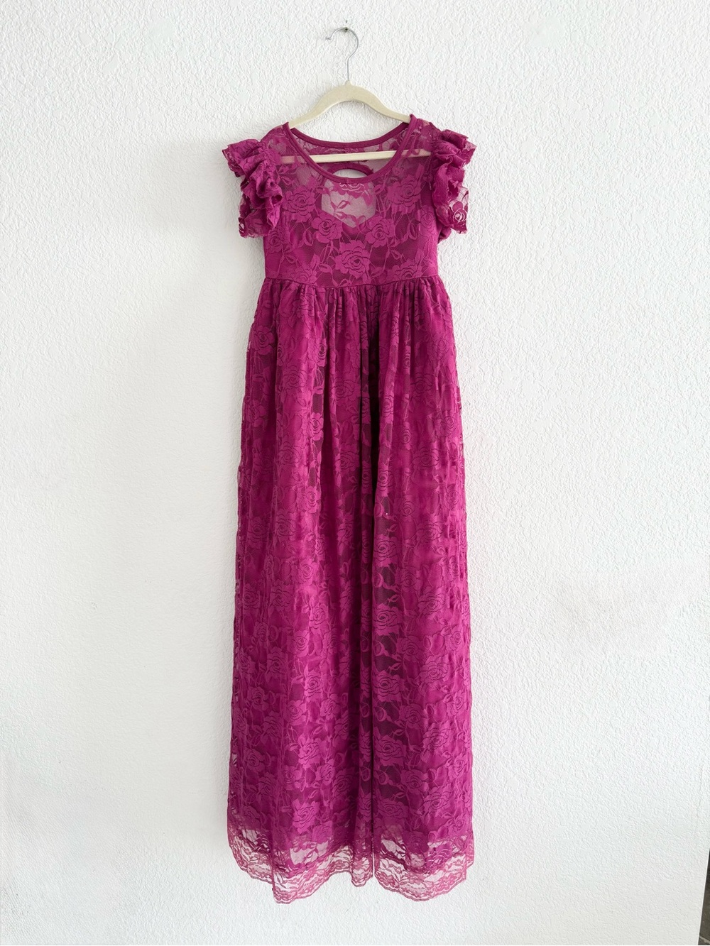 Girls' Fuchsia Berry Lace Maxi Dress with Short Ruffle Sleeves empire waist